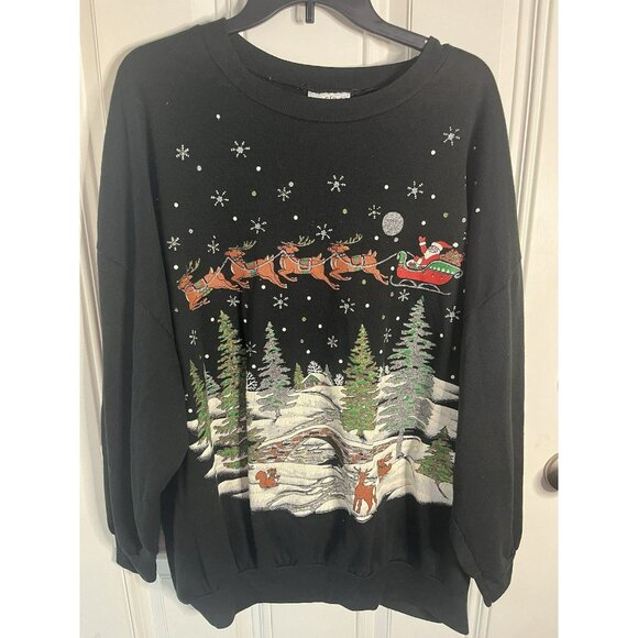VTG 90s Christmas Sweater By Class Action One Size Fits Most Black Colorful - Picture 1 of 5